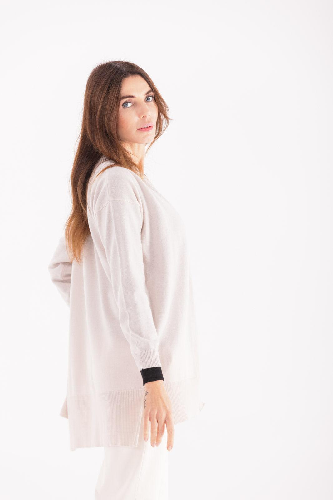 Cardigan senza bottoni in maglia rasata in lana merino 100% extrafine