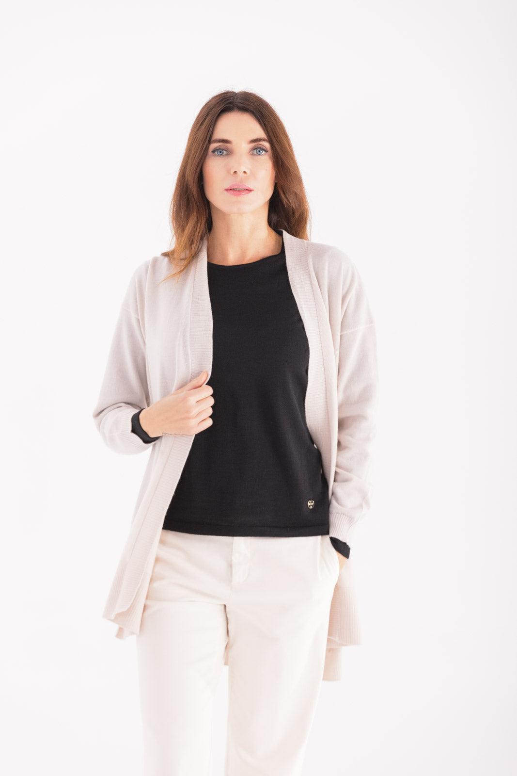 Cardigan senza bottoni in maglia rasata in lana merino 100% extrafine