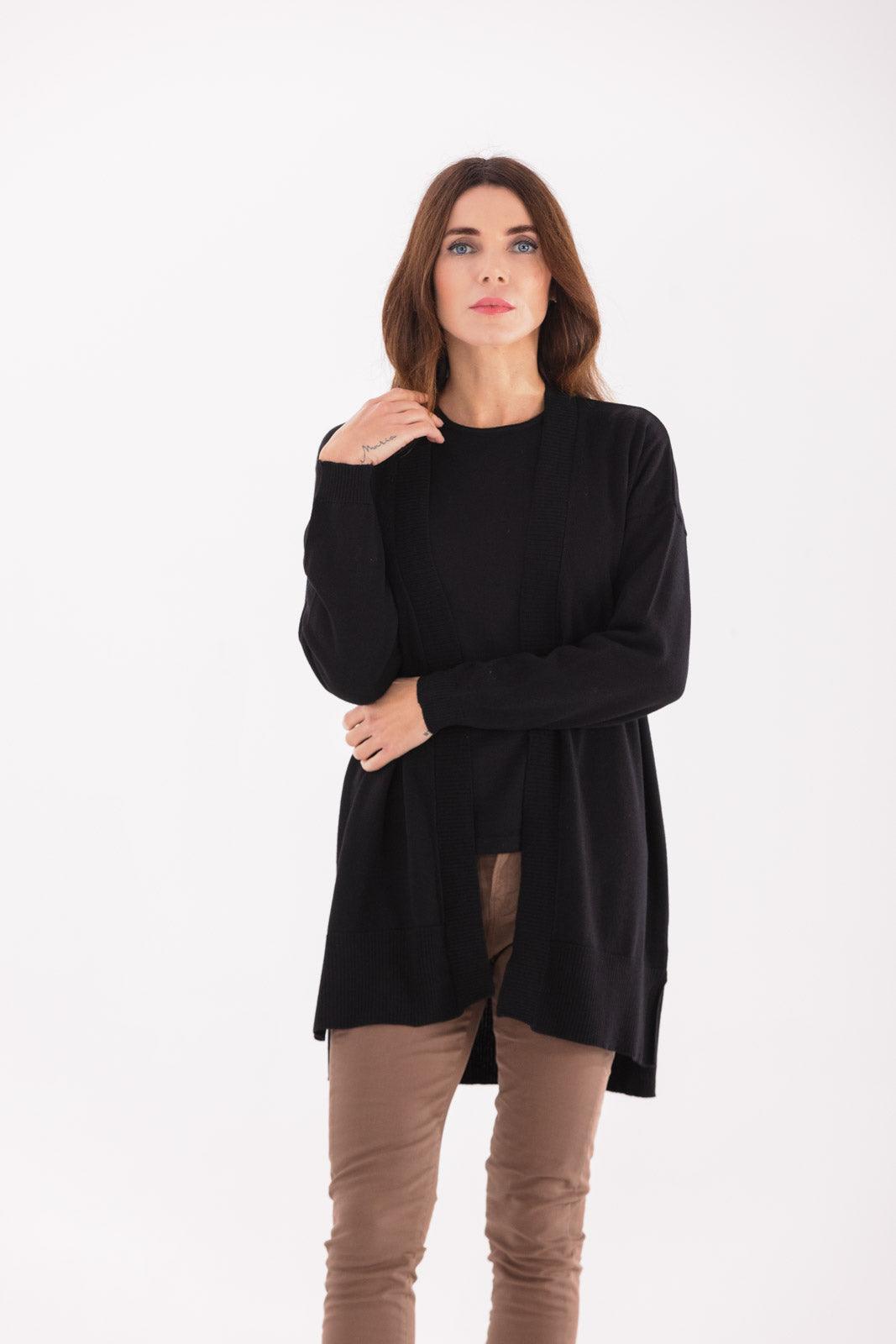 Cardigan senza bottoni in maglia rasata in lana merino 100% extrafine