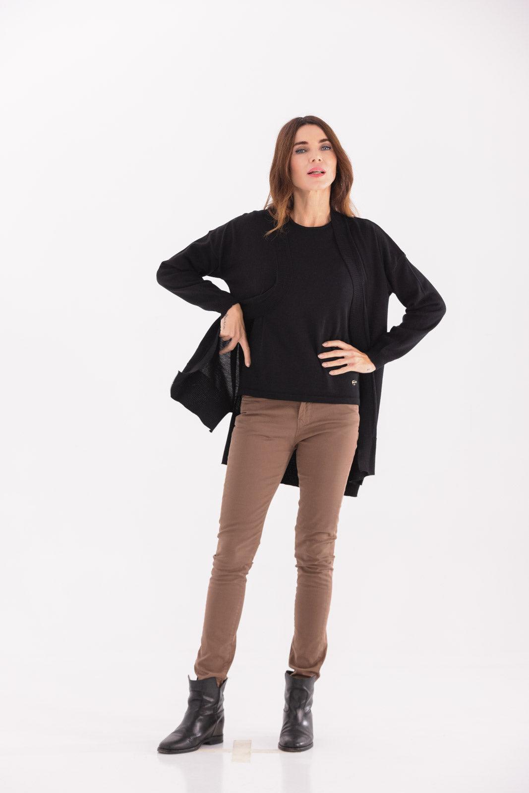 Cardigan senza bottoni in maglia rasata in lana merino 100% extrafine
