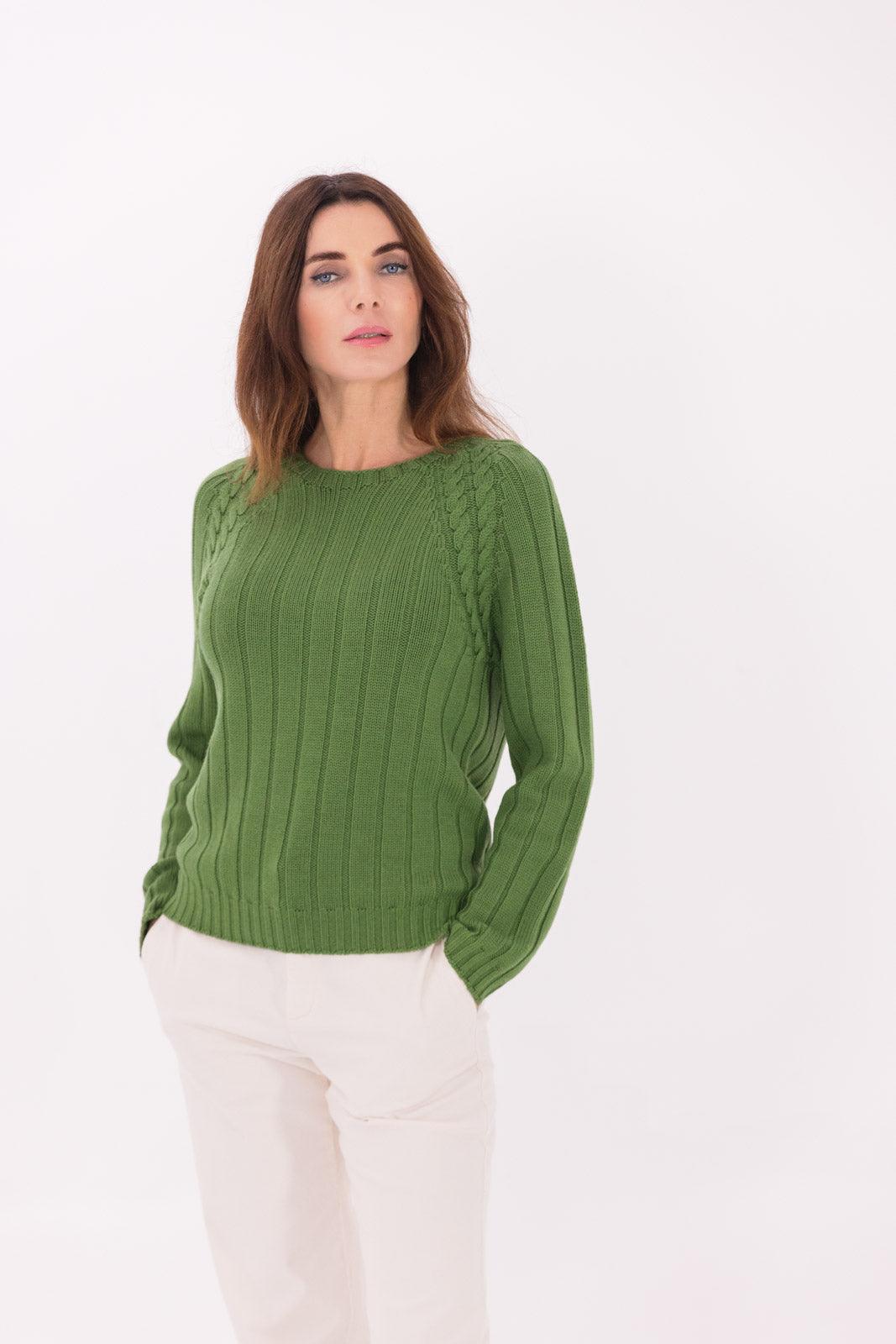 Maglia senza cuciture girocollo con coste in lana merino 100% extrafine