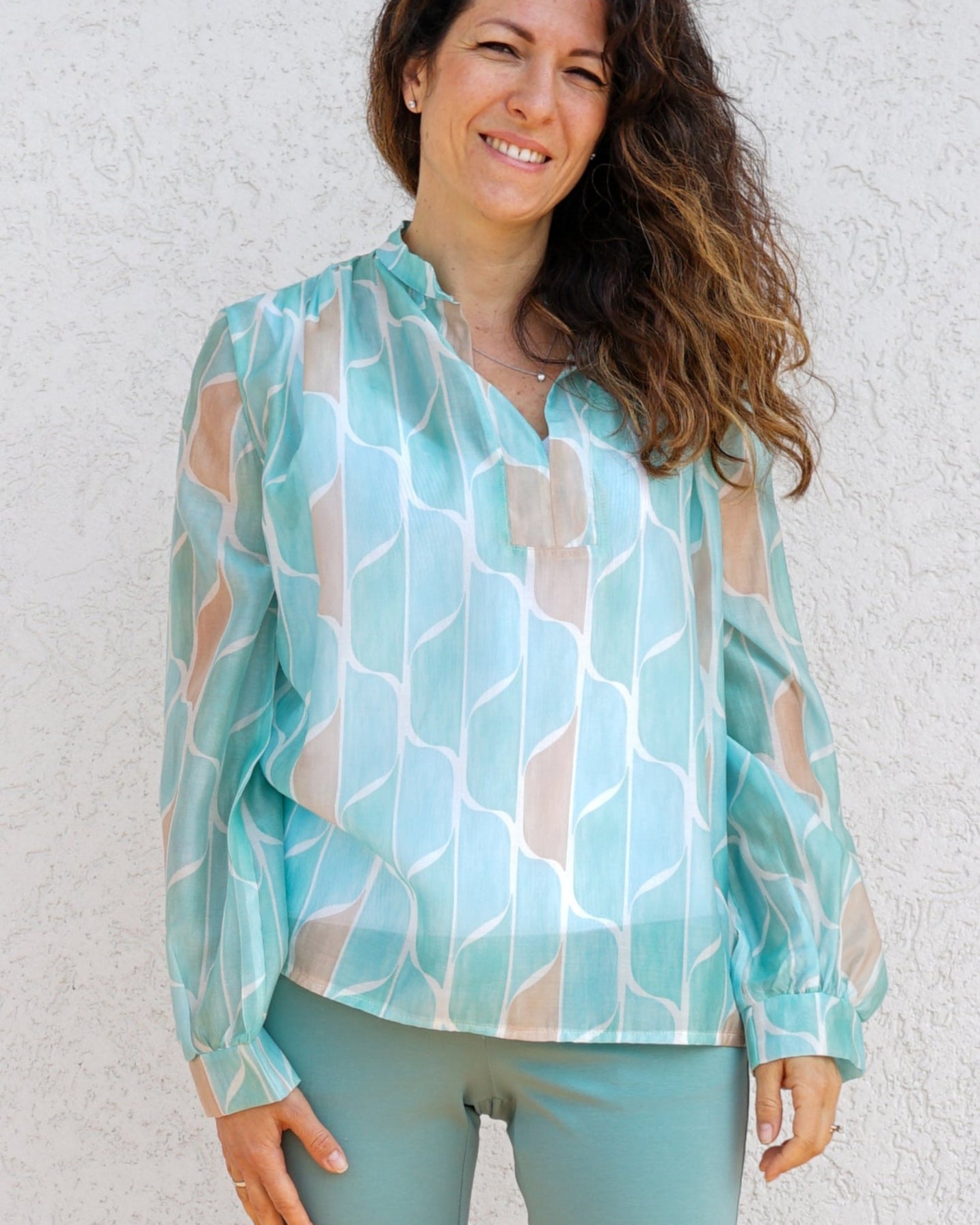 Camicia turchese con colletto alla coreana 049031 15