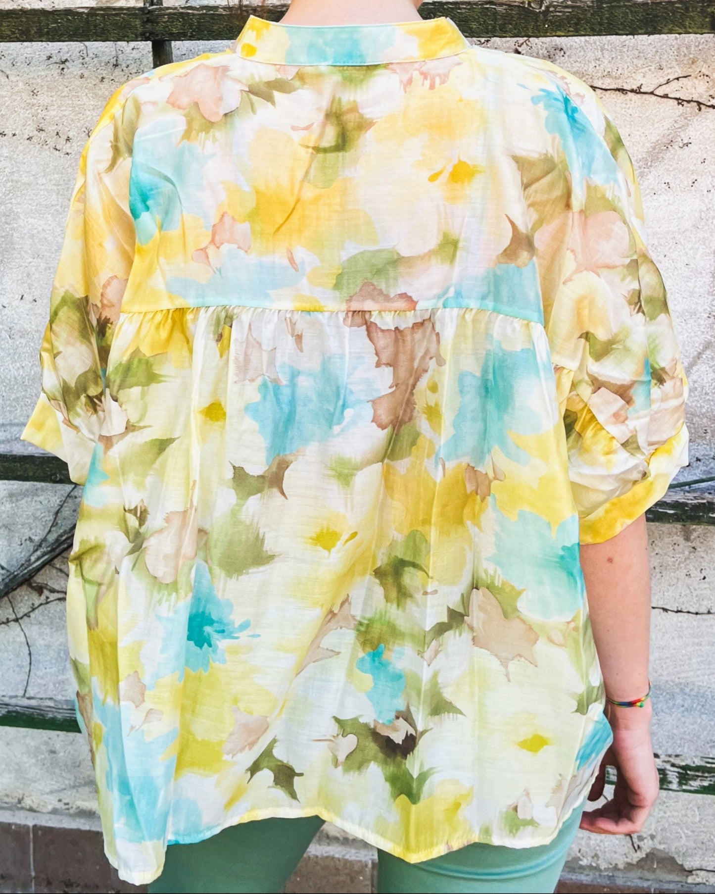 Camicia fiori gialli/azzurri con colletto alla coreana 049031 13