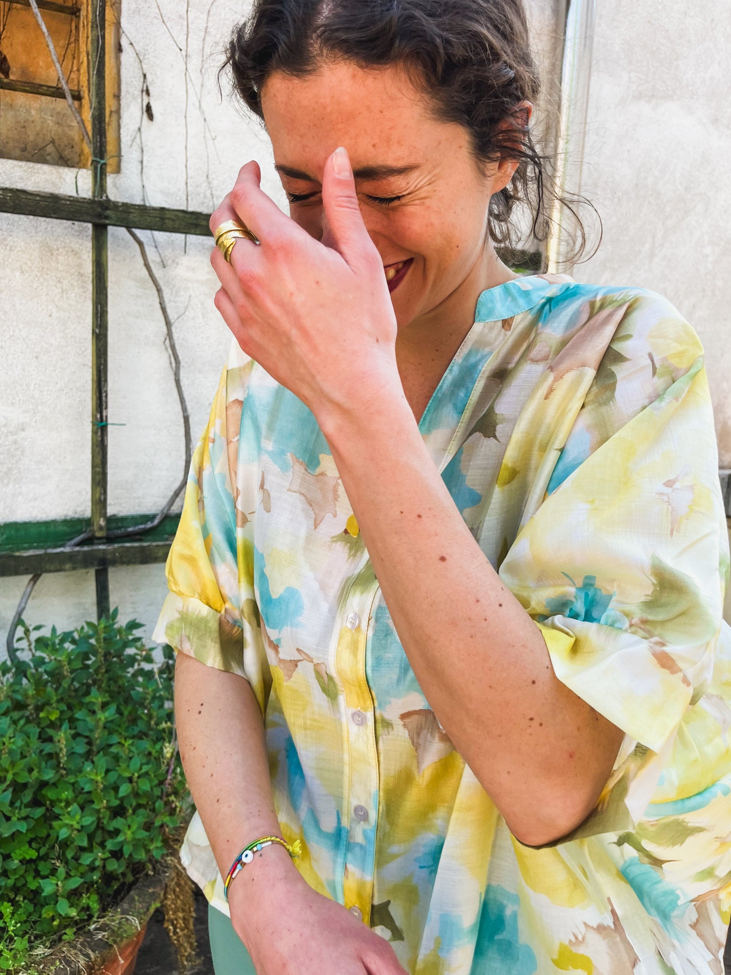 Camicia fiori gialli/azzurri con colletto alla coreana 049031 13