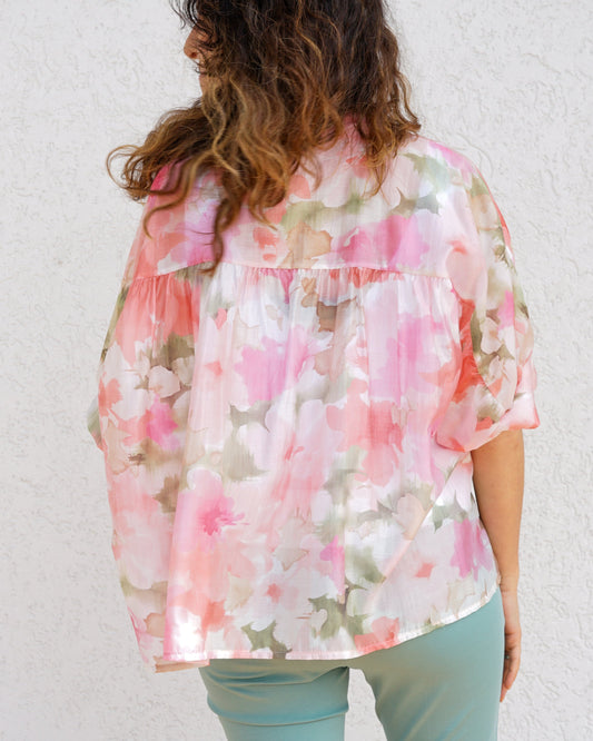 Camicia fiori rosa con colletto alla coreana 049031 24