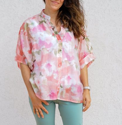 Camicia fiori rosa con colletto alla coreana 049031 24