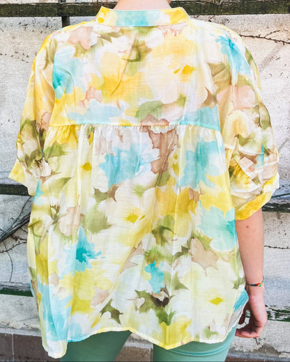 Camicia fiori gialli/azzurri con colletto alla coreana 049031 13