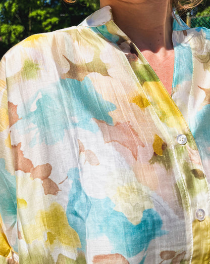 Camicia fiori gialli/azzurri con colletto alla coreana 049031 13