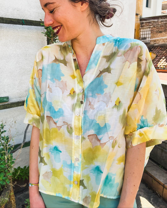 Camicia fiori azzurro con colletto alla coreana 049031 13